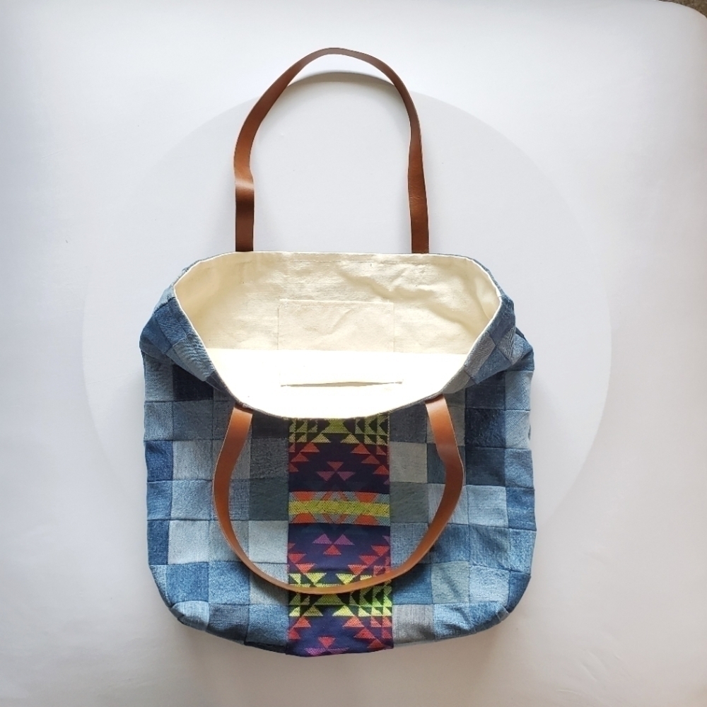 NEW Denim Tote Bag with Leather Straps - Bright Colors Farmers Market Day Trip - Picture 3 of 3